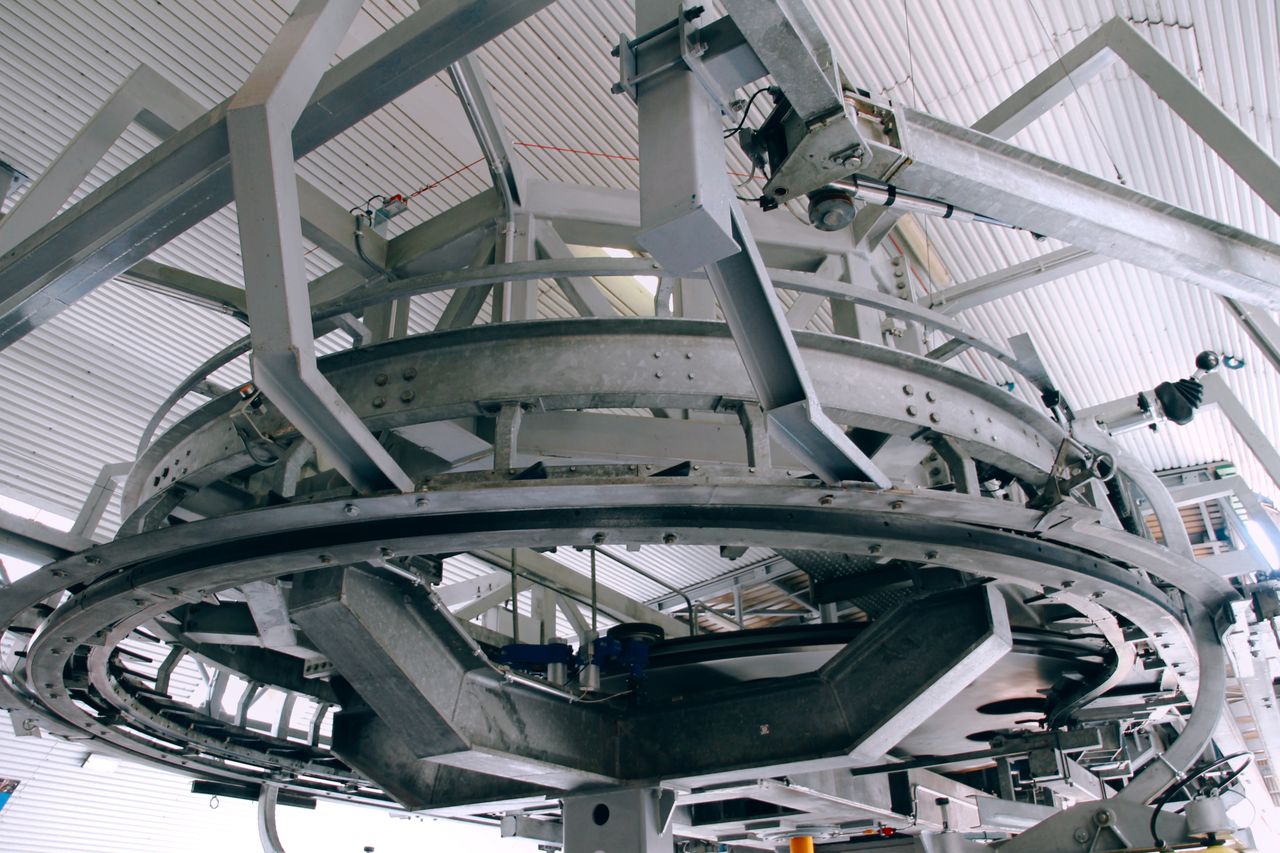 Close-up view of metal machinery under circular ceiling in Bielsko-Biala, Poland.